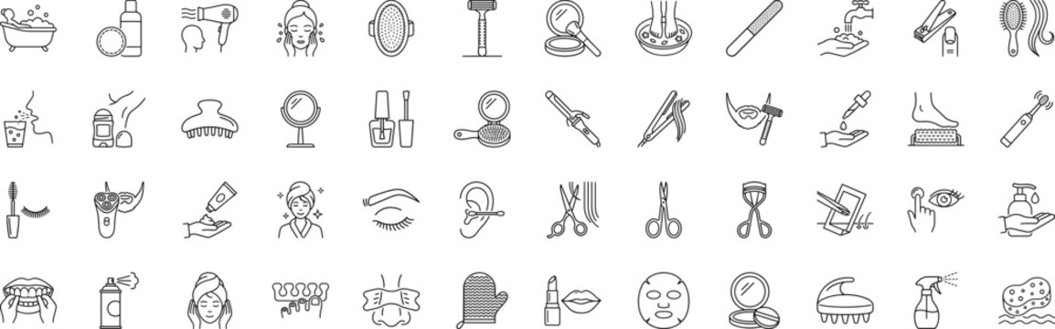 Personal care activities line icon set. Vector pictograms of hygiene, skincare, grooming, and beauty elements, thin linear illustration.