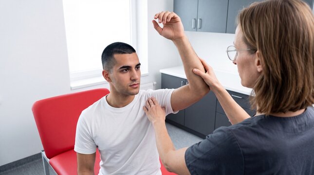 &Auml;rztin untersucht Schulterbeweglichkeit bei Musterung