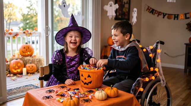 Girl in witch costume and boy in wheelchair sharing Halloween candy at home. Kids laughing at festive table with pumpkins and ghost decorations.