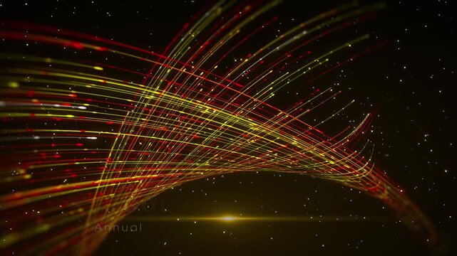 Cinematic motion graphic where luminous golden, yellow, and red particle trails spiral through deep space before revealing GOLDEN AWARDS and the Annual Excellence and Leadership Gala subtitle.