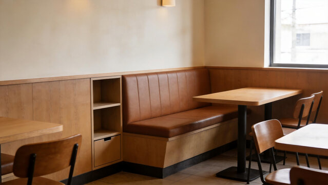 Empty caf&eacute; interior with wooden booths and tables