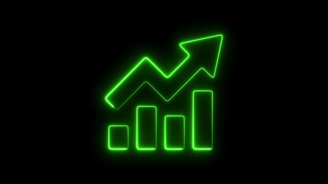 Neon green financial growth bar chart animation, rising business success graph digital marketing performance indicator, stock market trend analysis, corporate finance data visualization