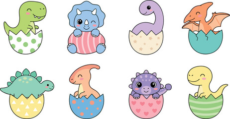 Vector set of cute kawaii baby dinosaur characters hatching from eggs isolated on white background for kids stickers, patterns, and nursery designs. © SARIFA