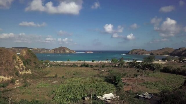 Aerial View of Coastal Farmland and Tropical Bay in Lombok