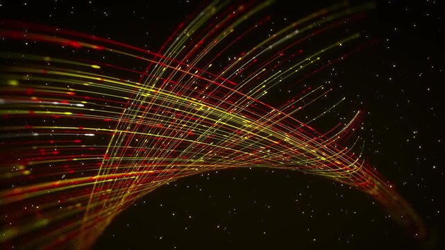 A futuristic abstract motion background with golden, yellow, and red dotted light trails spiraling through starry space, featuring a 1&ndash;10 second reveal followed by a seamless 10&ndash;20 second loop.