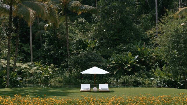 White lounge chairs and umbrella in a lush tropical garden