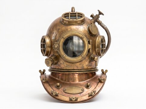 Vintage Brass Deep Sea Diving Helmet Isolated on White Background