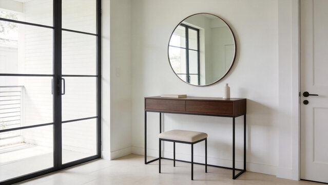 Modern minimalist entryway with wooden console table and round mirror