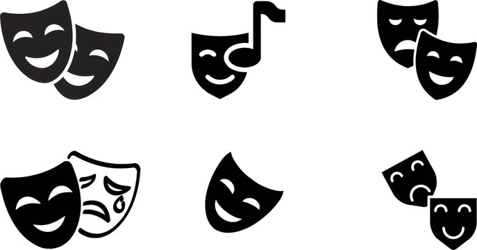 Theater mask icons set features comedy and drama symbols for performance, entertainment, and acting concepts.