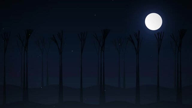 Full Moon Over Dark Haunted Forest Silhouette at Night