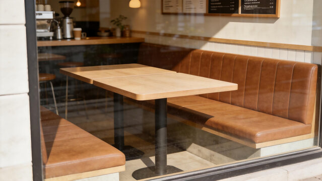 Cafe interior with wooden table and brown leather booth through glass window