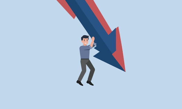 Businessman pushing up falling downward arrow representing business crisis and economic recession vector illustration