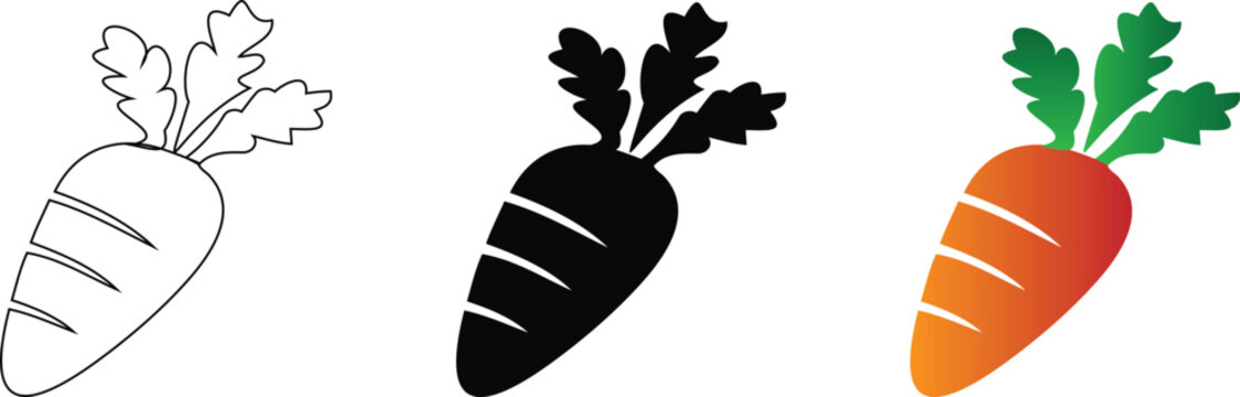 A collection of three stylized carrot icons showcasing different design approaches including a simple line art drawing, a bold solid black silhouette, isolated on a Transparent background