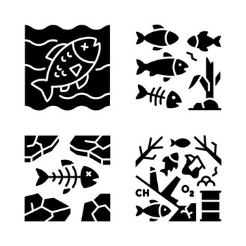 Environmental pollution and water contamination icons showing dead fish and toxic waste.