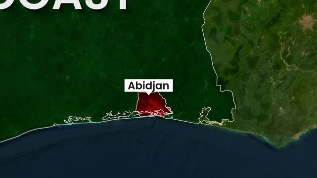 Ivory Coast map animation showing Abidjan highlighted and coast motion video