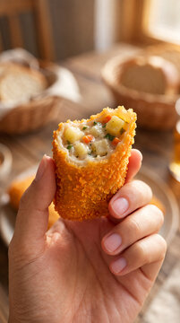 Hand holding crispy golden fried croquette with vegetable filling, cross section food photography