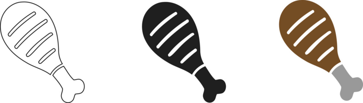 A set of three distinct chicken leg icons featuring line art, solid black silhouette, and stylized colored vector variations for menu design and web graphics, isolated on a Transparent background