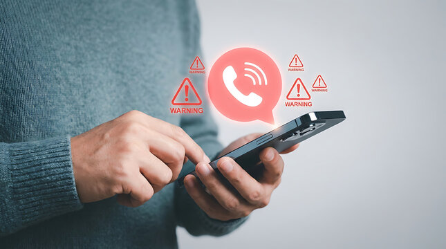Hands holding smartphone with incoming call warning and notification mobile