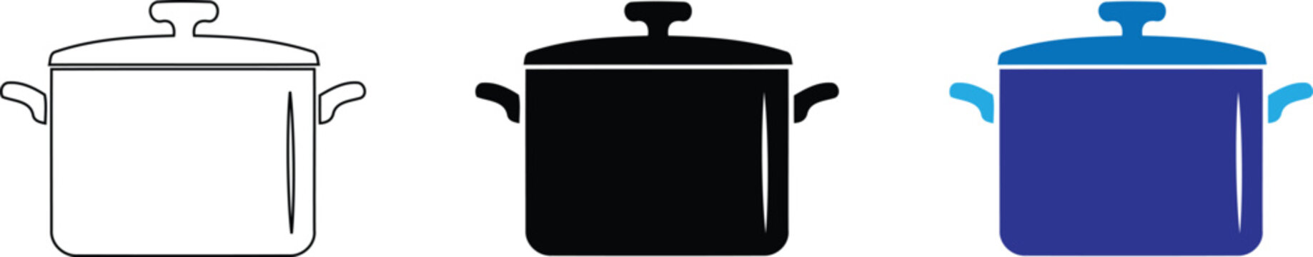 A set of three stylized cooking pot icons featuring linear outlines, solid black silhouettes, and colorful blue variations for kitchen and restaurant interface design