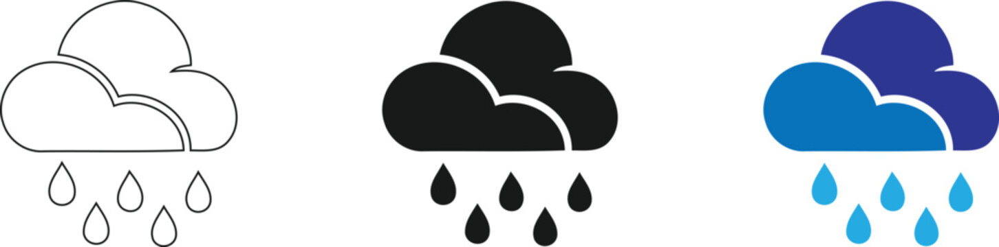 A set of modern weather icons featuring a cloud with rain droplets in three different design variations including outline, solid black, and blue gradient styles., isolated on a Transparent background