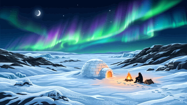 Arctic winter landscape with igloo and campfire under vibrant northern lights