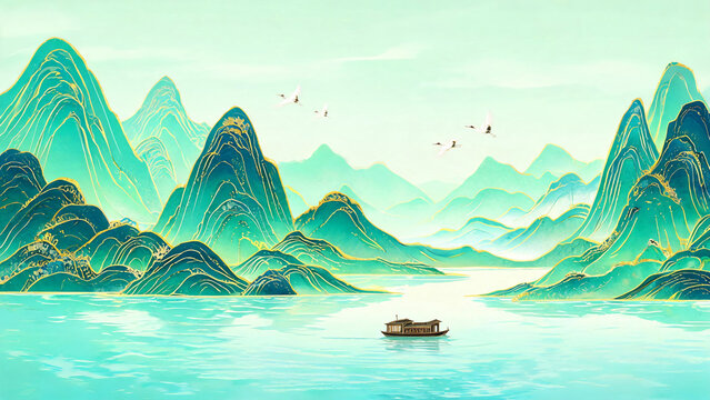 Central peak rising over receding ranges and a boat