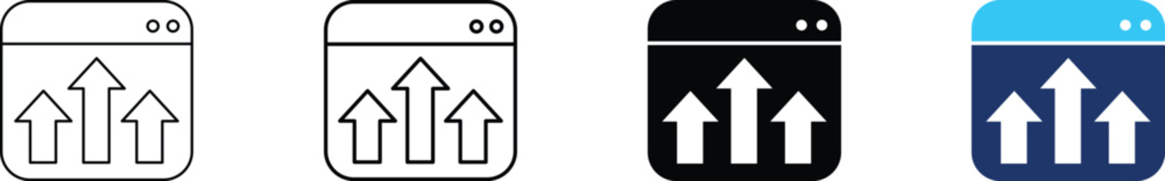 Website traffic growth icon. Browser upward arrows and online boost symbol. Simple pictogram for website ranking, web traffic increase, digital SEO growth, online performance boost