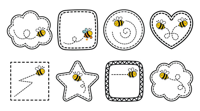 Cute cartoon bees flying around various geometric frames with dashed lines on a plain white background for kids worksheet activities
