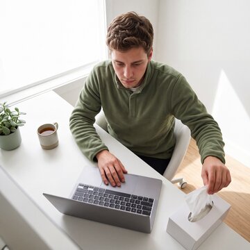 Kranker Mann arbeitet erk&auml;ltet am Laptop im Homeoffice