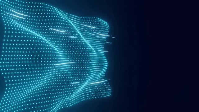 Abstract video of a glowing blue LED dot matrix panel on a dark background with copy space.