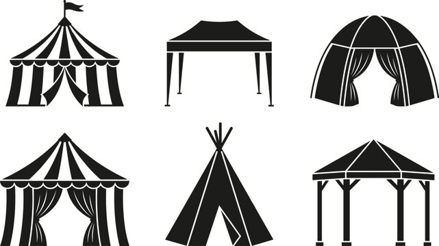 Circus big top tent marquee gazebo and teepee canopy black silhouette icon set vector flat illustration isolated on white background