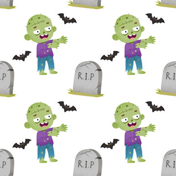 Cute Halloween Seamless Pattern with Cartoon Zombie and Tombstones on White