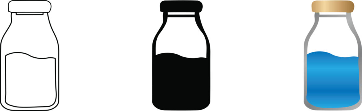 A collection of three stylized glass bottle icons featuring different visual styles including a simple line drawing, a solid black silhouette, and a colorful version., on a Transparent background