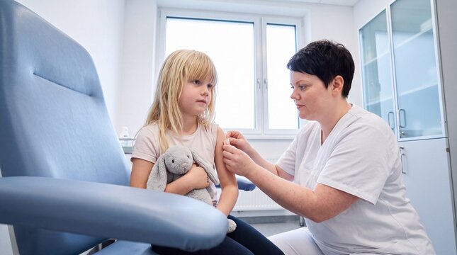 M&auml;dchen bekommt Grippeimpfung von der &Auml;rztin im Behandlungszimmer