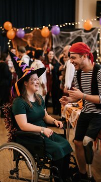 Woman in wheelchair with witch hat laughs with man wearing pirate costume and prosthetic leg. They celebrate at a Halloween party with balloons and spooky decorations.