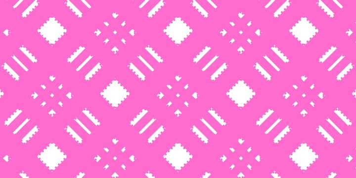 Seamless pattern with geometric motifs like serrated diamonds, stripes, and squares in white and bright pink. Modern minimalist aesthetic, good for textile and wrapping