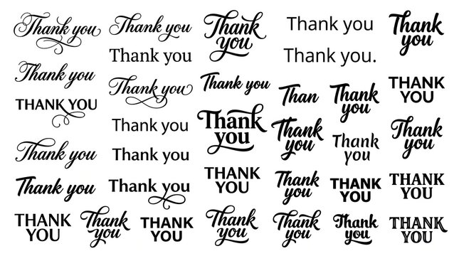 Collection of various thank you typography designs arranged in a grid layout