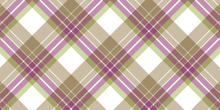 Purple and Green Diagonal Plaid Seamless  Pattern. This traditional plaid pattern features a diagonal grid in soft purple, green, and taupe tones on a white background, ideal for textile and bac