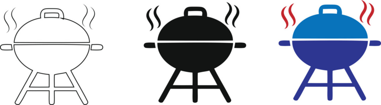 A collection of three stylized grill icons featuring a kettle barbecue design in outline, solid black, and colored variations representing outdoor cooking themes., isolated on a Transparent background