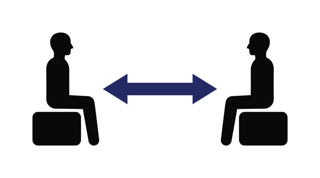 Minimalist silhouette graphic showing two human figures sitting on blocks separated by a bold blue arrow indicating required social distancing