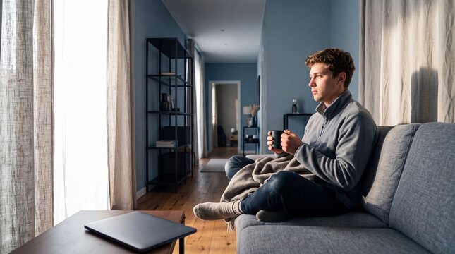Erk&auml;lteter Mann sitzt in Decke geh&uuml;llt mit Tee auf Sofa