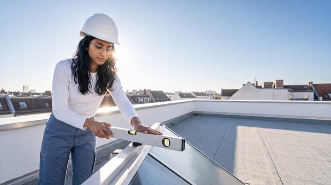 Solarteurin installiert Solarmodul mit Wasserwaage auf Flachdach