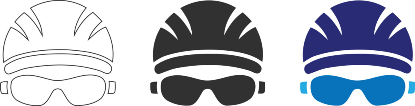 A set of construction helmet and safety goggle icons showcasing minimalist linear, solid black, and colored professional design variations for industrial use, isolated on a Transparent background