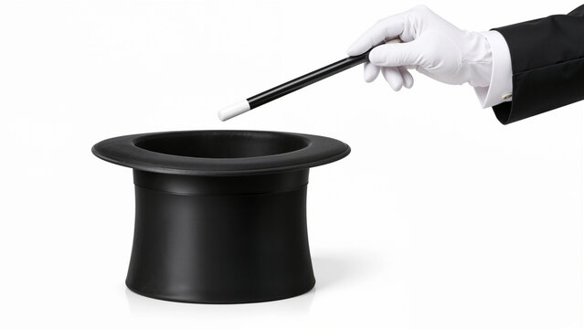 Magician Hand in White Glove Performing Magic Trick with Wand and Black Top Hat Isolated on White Background