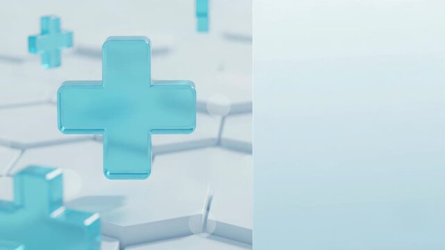 3D motion graphics video of a blue translucent medical cross floating above white hexagonal tiles with copy space on the right.