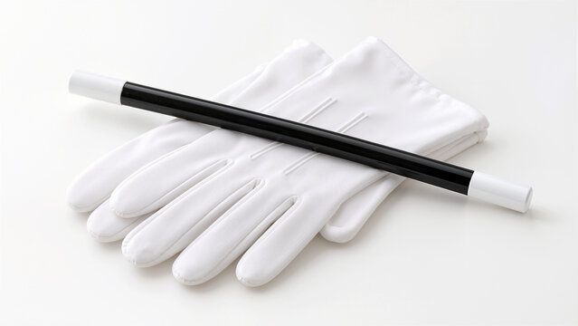 Classic Magician Accessories with Black Magic Wand and Formal White Gloves on Clean White Background for Illusionist Performance Props