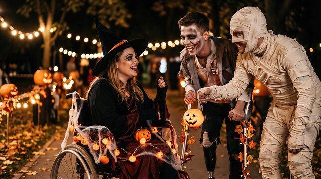 Woman in wheelchair in witch costume celebrating Halloween with zombie and mummy friends. Young people in costumes laugh among glowing pumpkins and string lights at night.