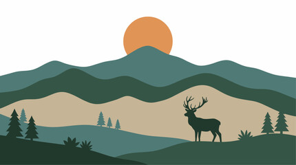 Fototapeta premium Scenic flat mountain landscape with a majestic stag silhouette at sunset for nature posters and wall art