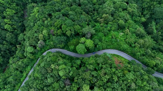 Aerial forest road with car creating abstract background for electric vehicle, ESG, sustainability and green investment business concepts.