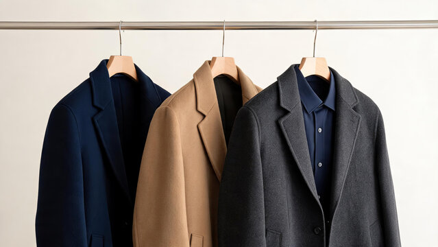 Three formal wool overcoats in navy, beige and gray hang on wooden hangers, with a dark blue shirt under the gray coat, displayed neatly against a plain background.